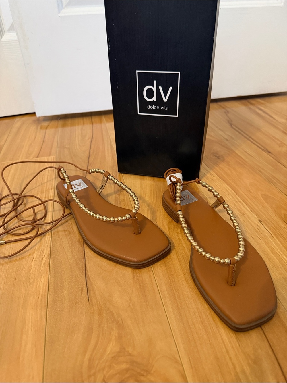 Dolce Vita Tan Lace-Up Sandals with Gold Bead Straps